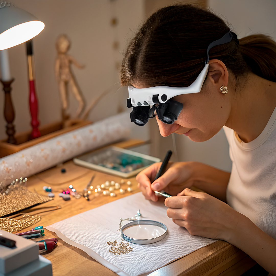 Headband Magnifier with LED Light – 8 Interchangeable Lenses for Precision Work