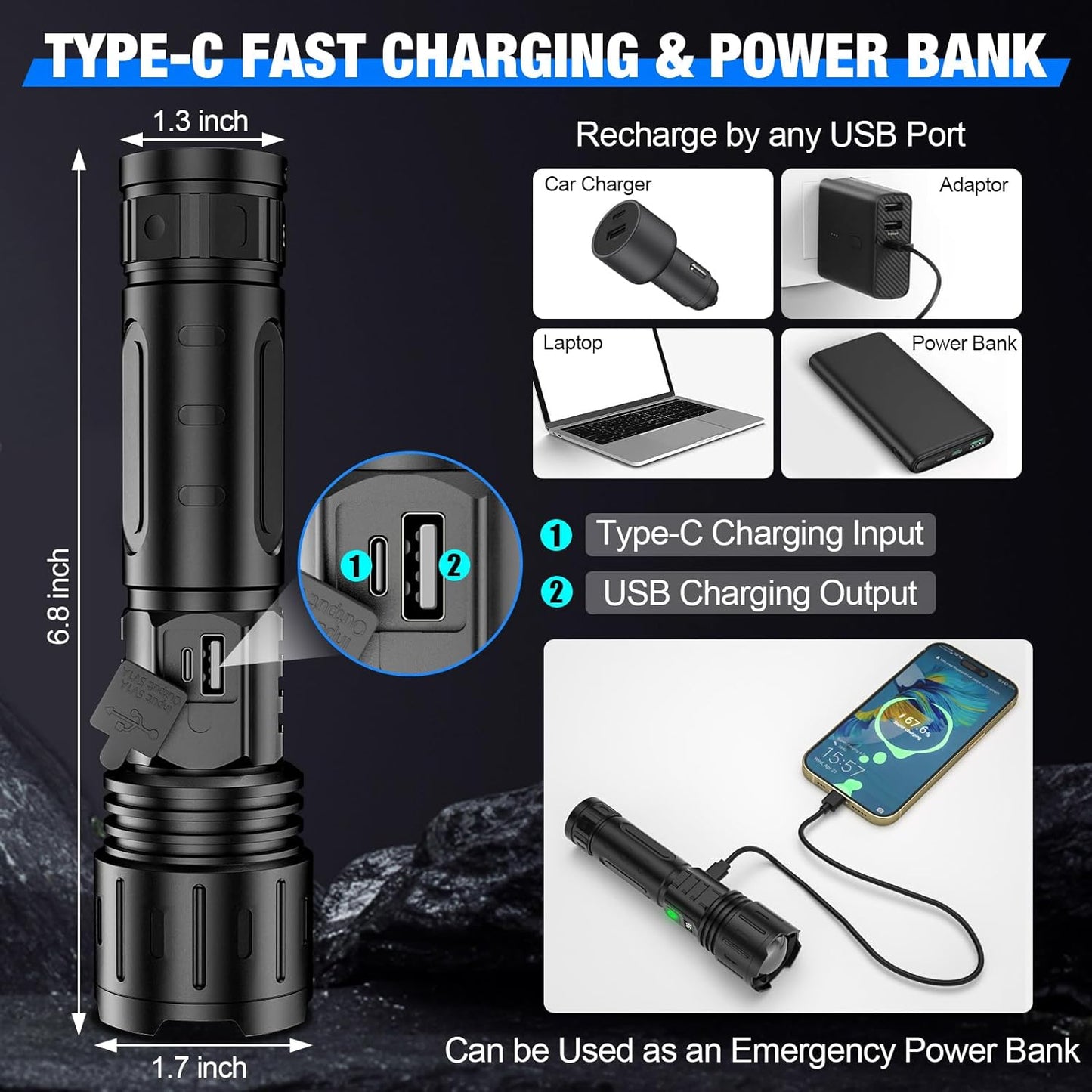 Brightest tactical flashlight USB rechargeable aluminum waterproof