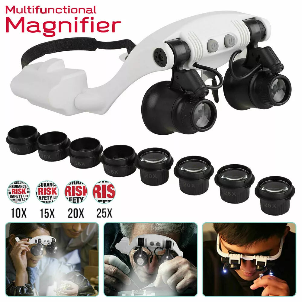 Headband Magnifier with LED Light – 8 Interchangeable Lenses for Precision Work