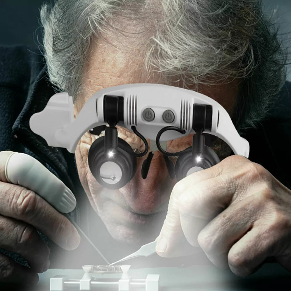 Headband Magnifier with LED Light – 8 Interchangeable Lenses for Precision Work