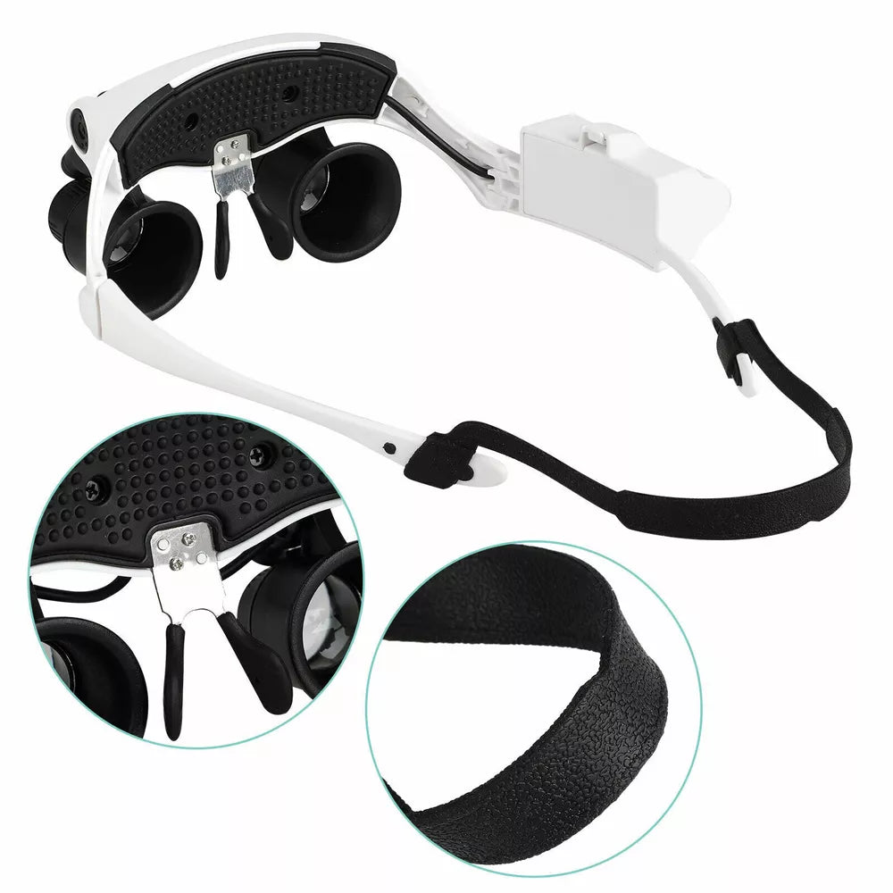 Headband Magnifier with LED Light – 8 Interchangeable Lenses for Precision Work