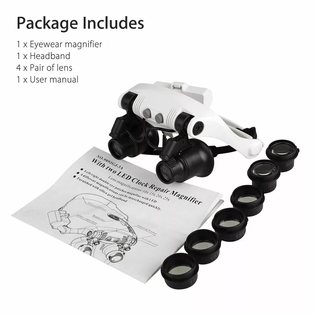 Headband Magnifier with LED Light – 8 Interchangeable Lenses for Precision Work
