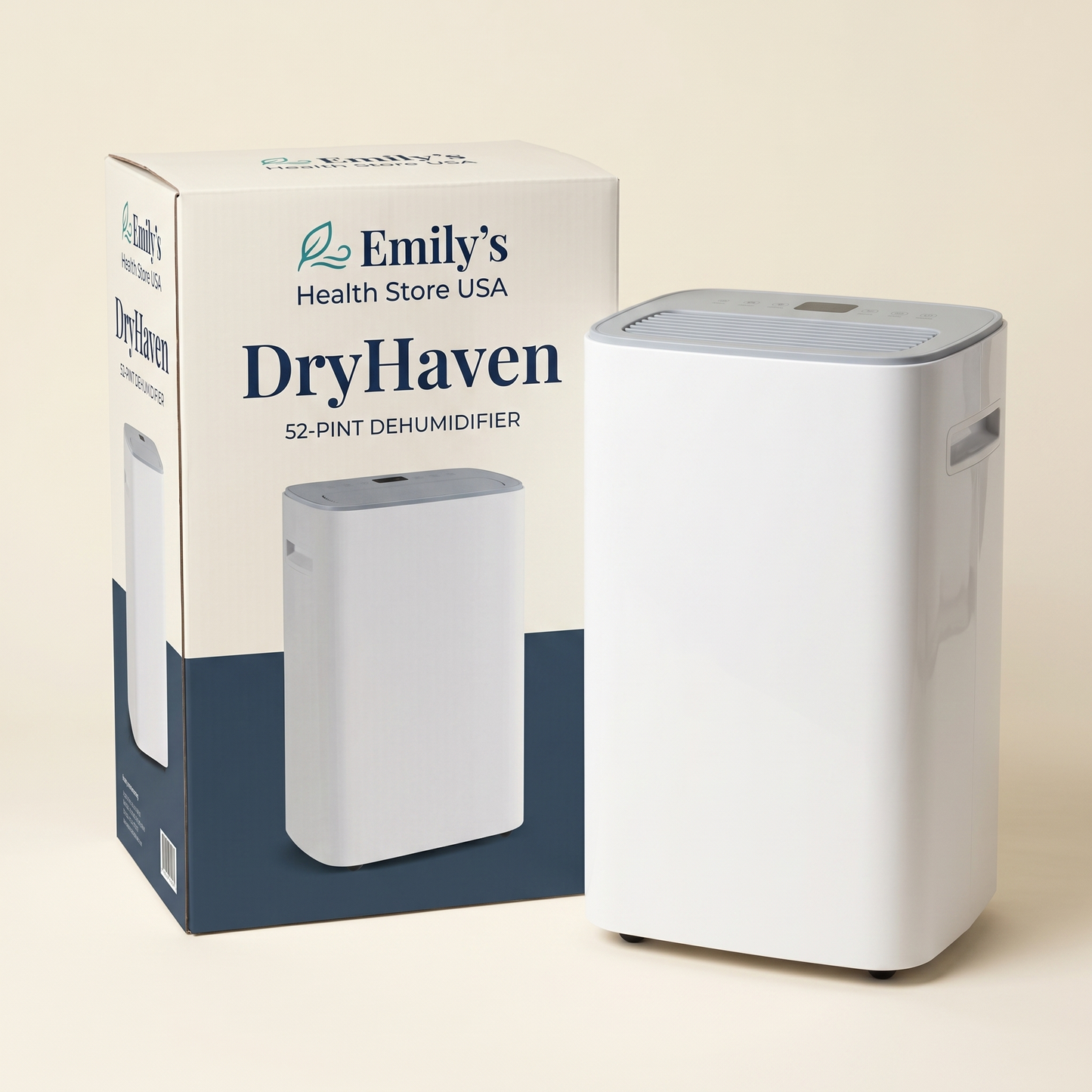 DryHaven 52-pint dehumidifier standing next to its designed retail box with Emily's Health Store USA branding