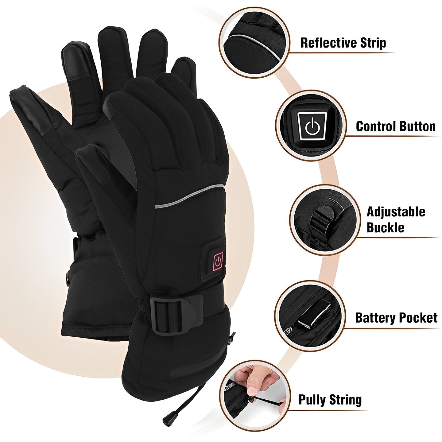Heated gloves touchscreen waterproof USB rechargeable adjustable heat