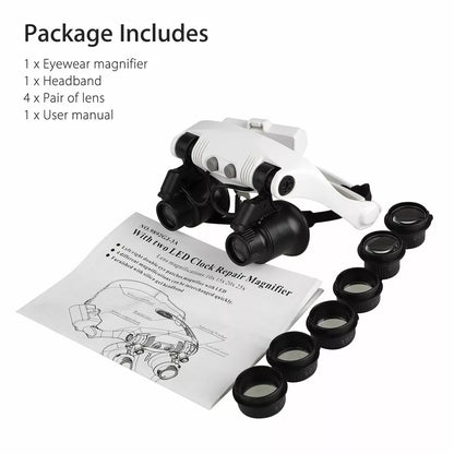 Headband Magnifier with LED Light – 8 Interchangeable Lenses for Precision Work