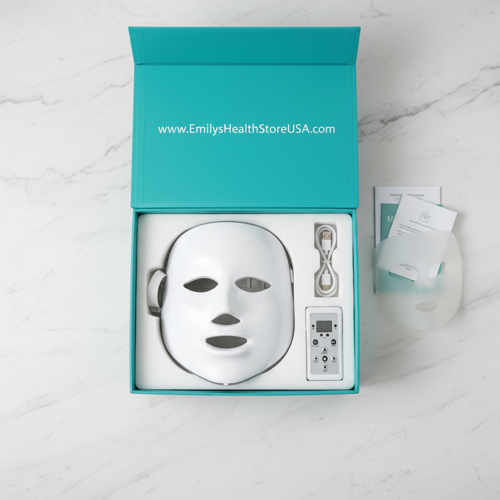 Red light therapy mask package contents LED face mask remote control USB charger included