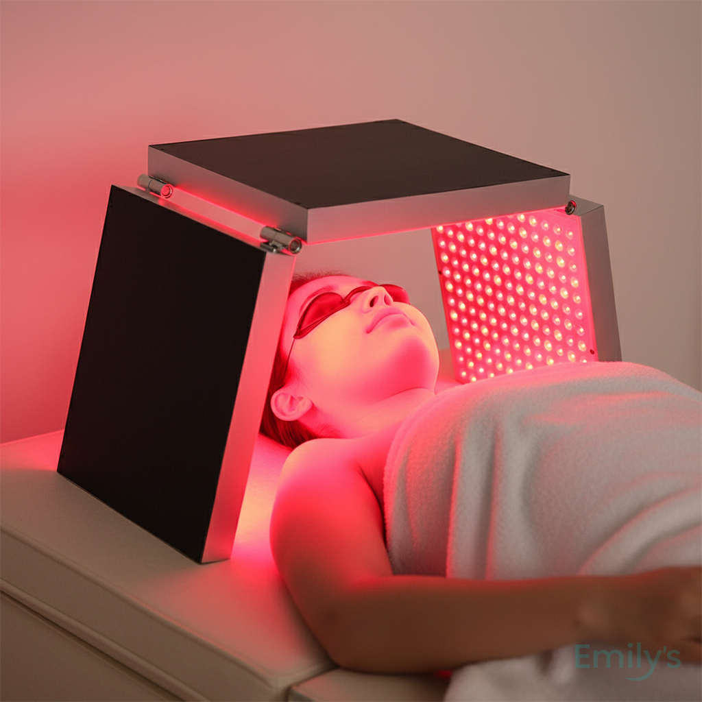 Woman using portable red light therapy panel for facial skin treatment