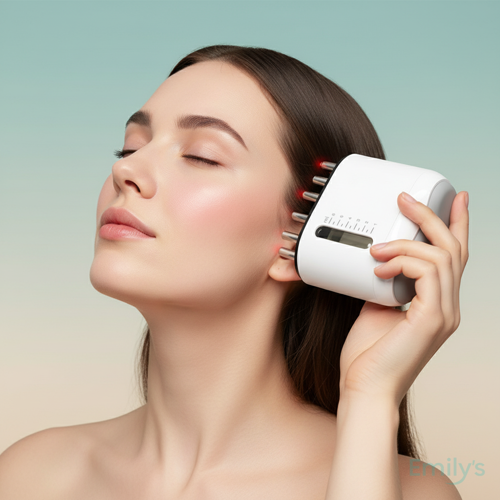 Woman using portable electric scalp massager for relaxation and hair health