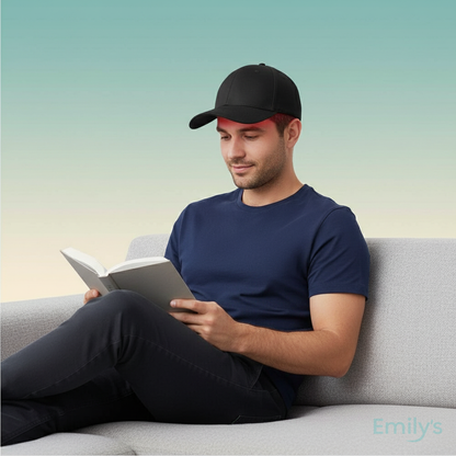 Woman using red light therapy hat for thinning hair restoration