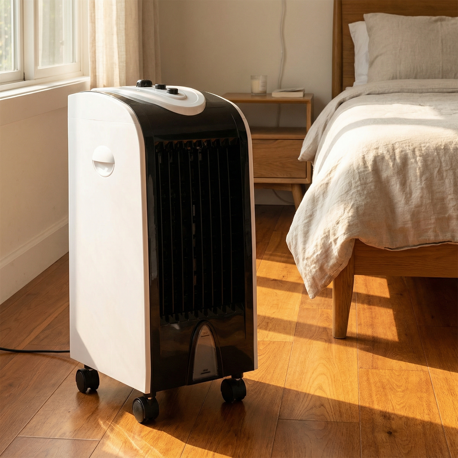 AirMax portable evaporative air cooler in bedroom