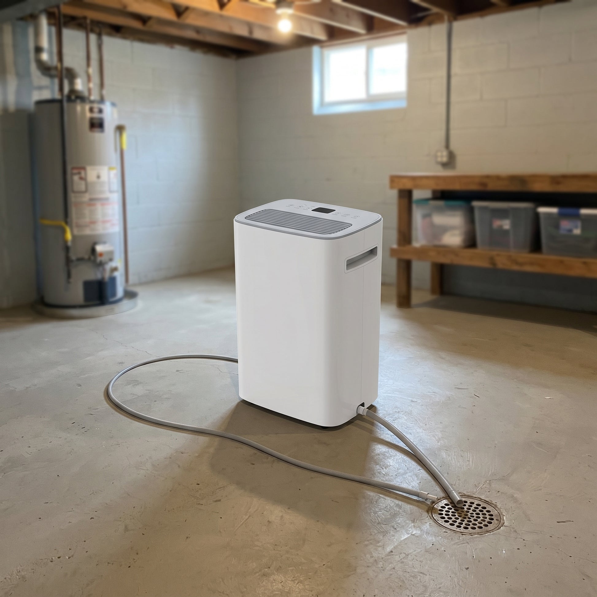 DryHaven dehumidifier with drain hose connected to basement floor drain for continuous auto drainage