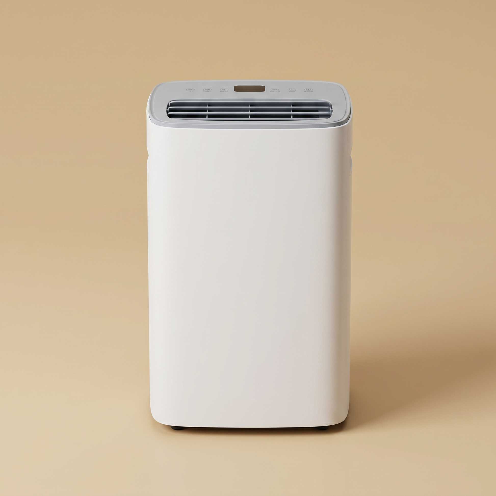 DryHaven dehumidifier, straight-on front view on sand-tone studio background