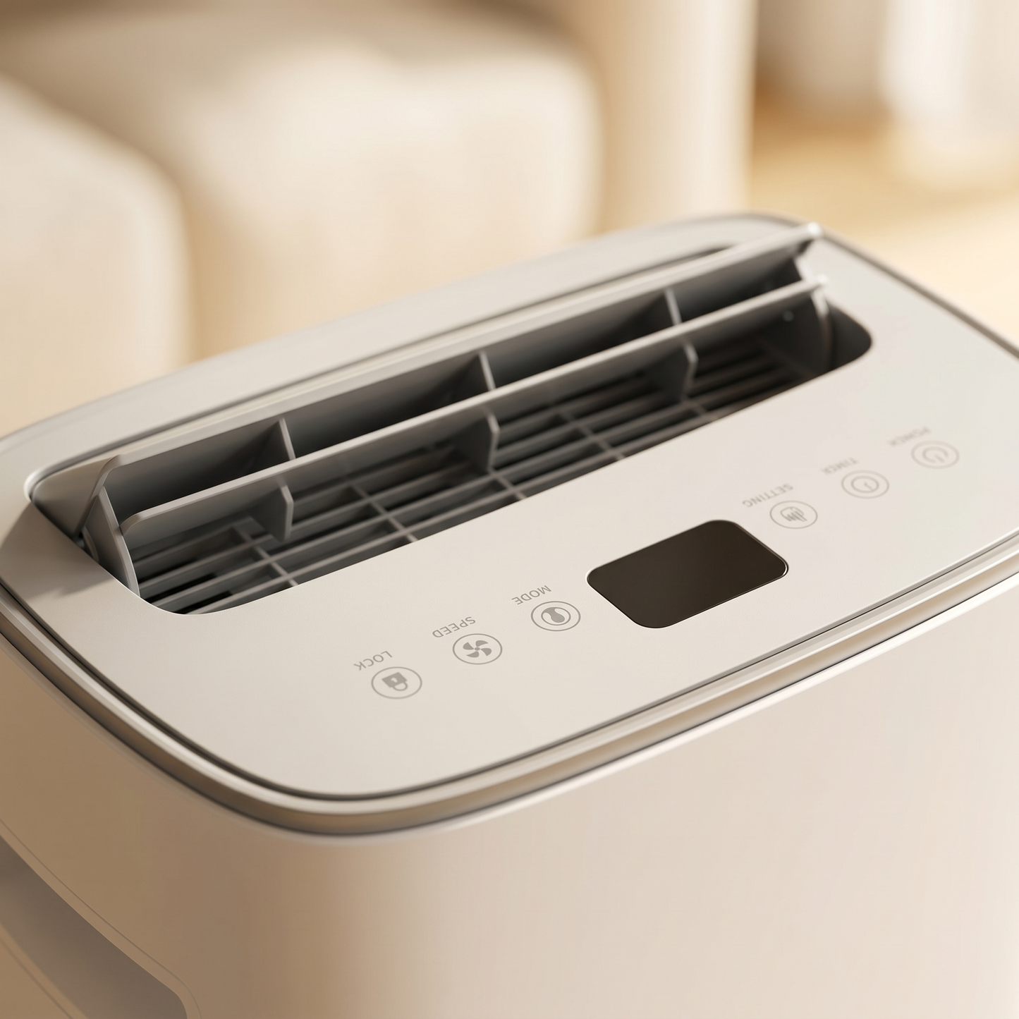 Detail of the DryHaven top control panel with louvered air outlet and touch controls