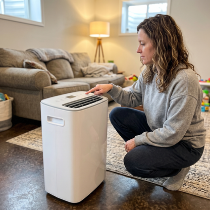Homeowner using the DryHaven 52-pint dehumidifier in her finished basement family room