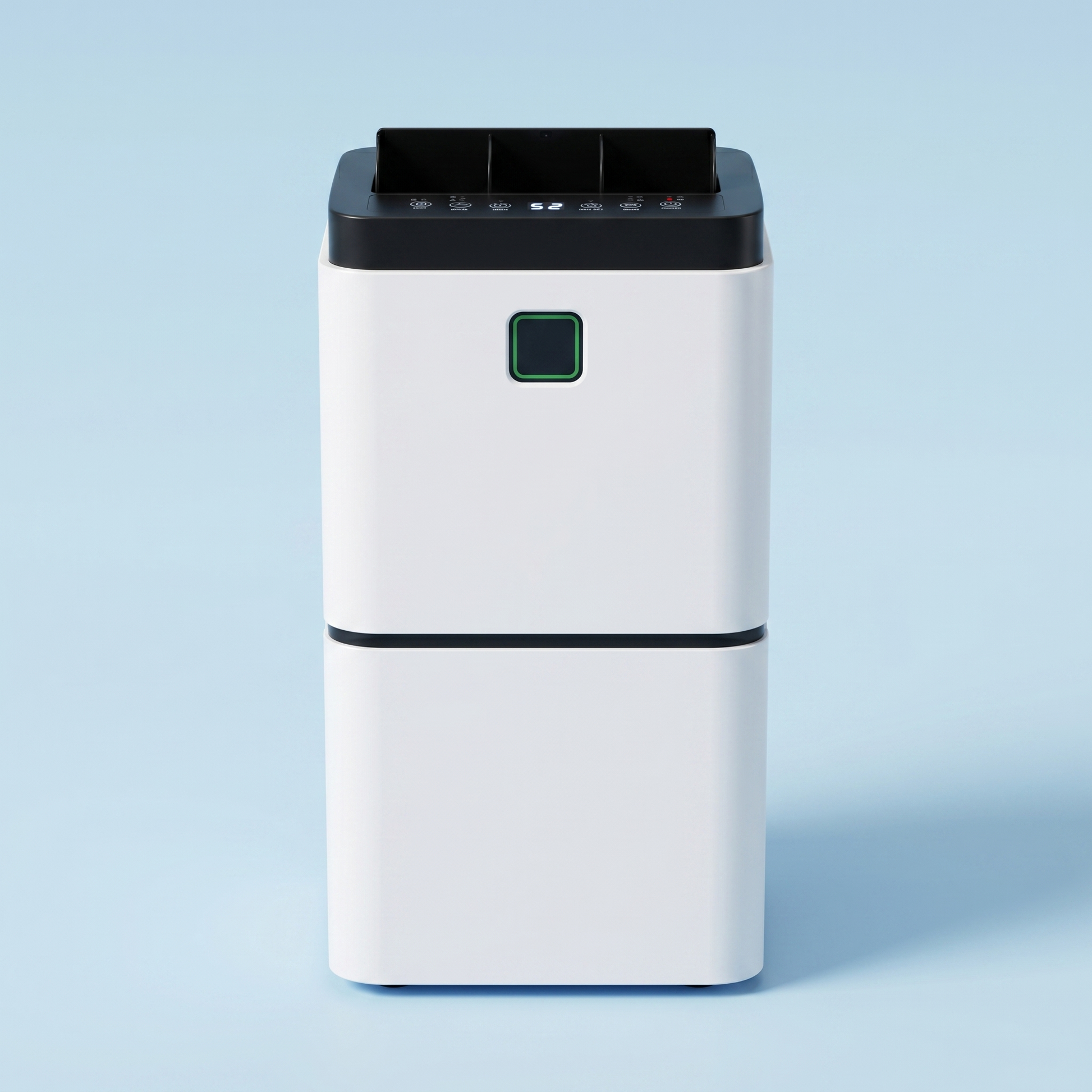 MoistureMate dehumidifier, straight-on front view on soft sky blue background