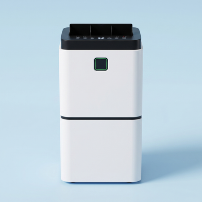 MoistureMate dehumidifier, straight-on front view on soft sky blue background