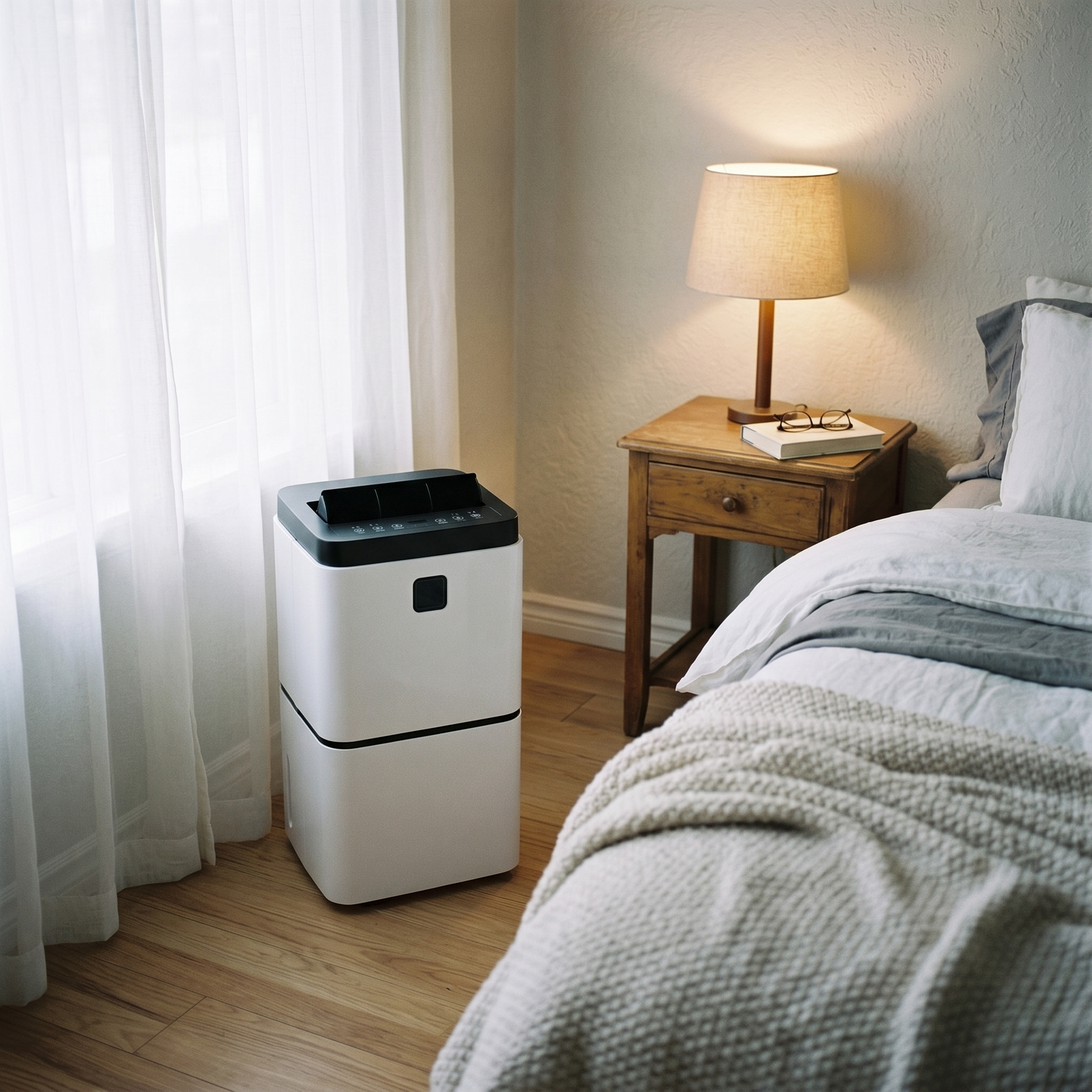 MoistureMate dehumidifier in a serene master bedroom corner