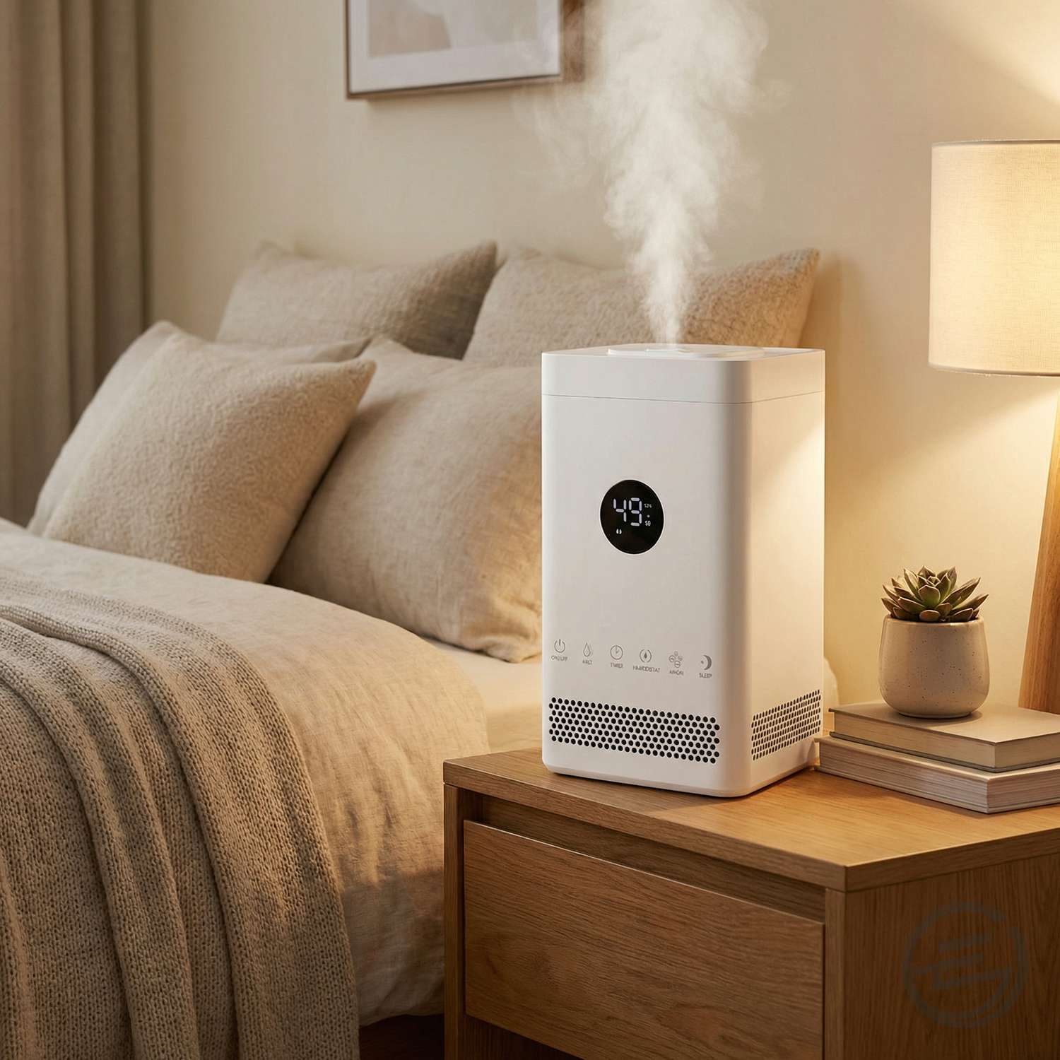 Humidifier cozy bedroom nightstand scene