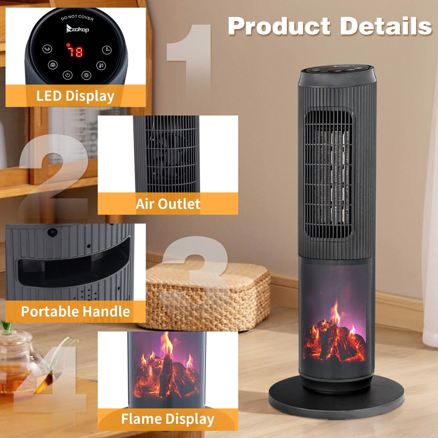 Tower Space Heater Ceramic 1500W Remote Control Oscillating