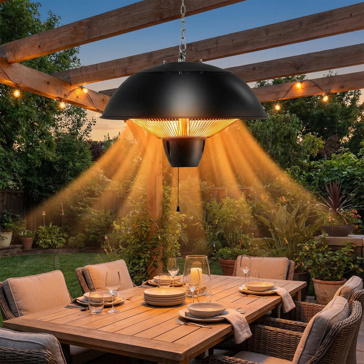 SkyGlow hanging patio heater on covered patio at dusk