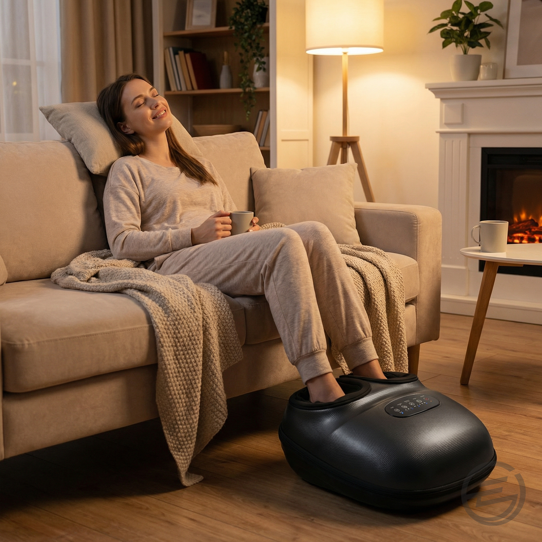 SoleSpa foot massager woman using in living room couch